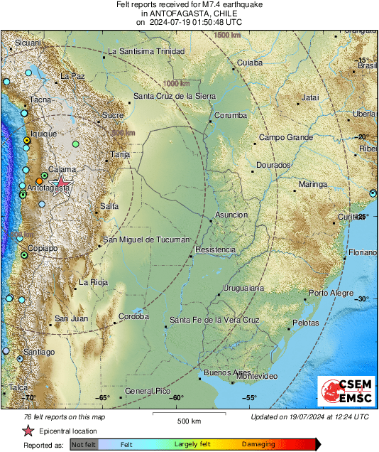 Mapa com locais que os tremores foram sentidos. Foto: EMSC Estados Unidos.